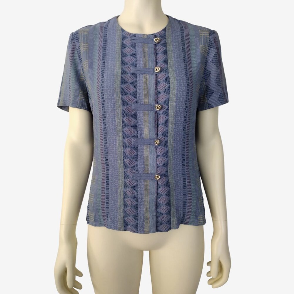 Vintage 80s Geometric Striped Lightweight Button Down Short Sleeve Jacket